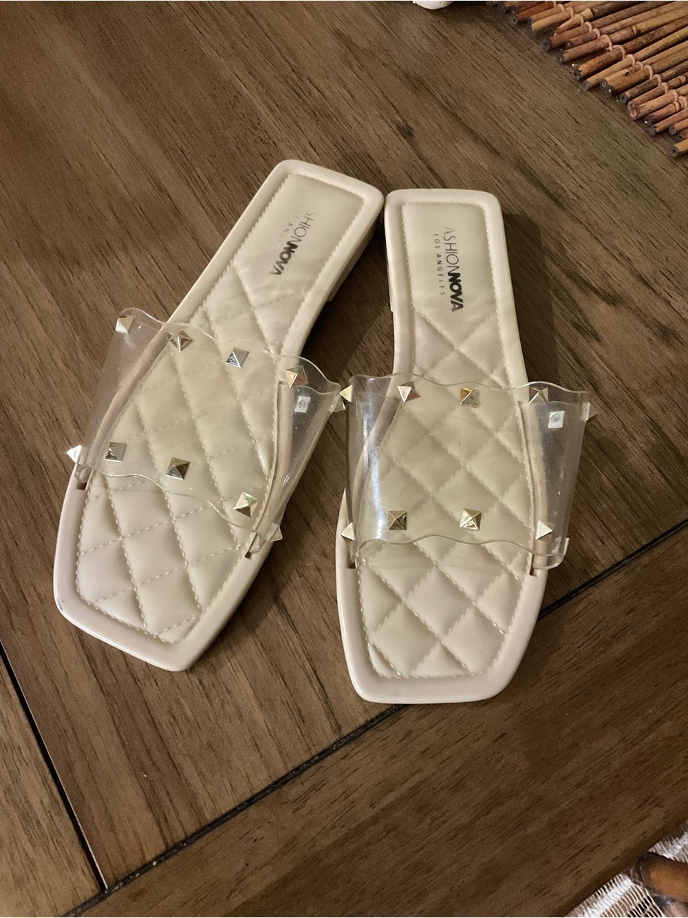 Fashion Nova Cream Quilted Slides with Clear Studded Strap